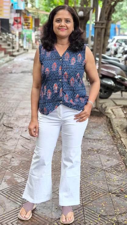 Indigo hand block printed Waistcoat