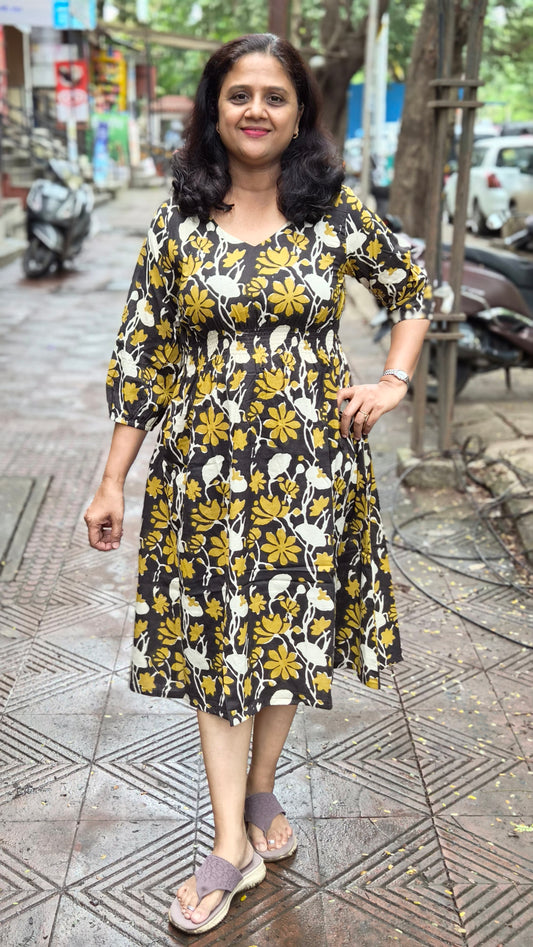 Mustard Yellow Block Printed One Piece