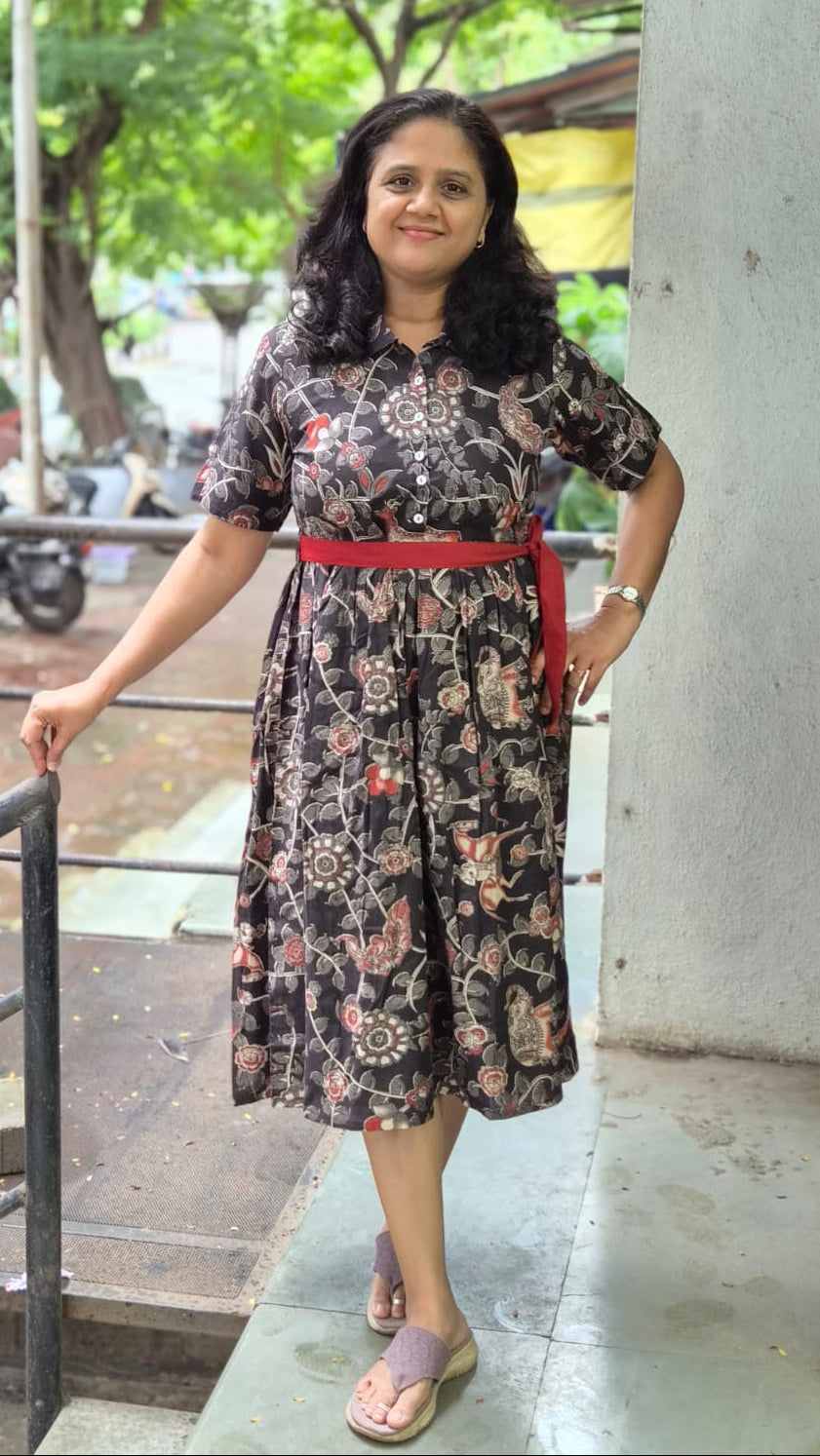 Black Pure Cotton Kalamkari  One Piece