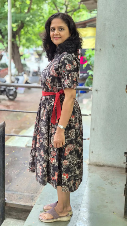 Black Pure Cotton Kalamkari  One Piece
