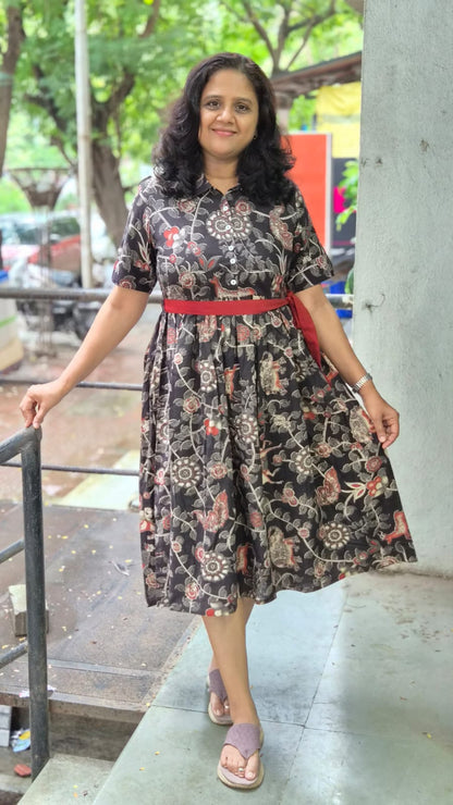 Black Pure Cotton Kalamkari  One Piece
