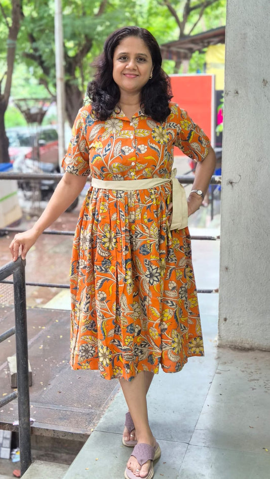 Orange Pure Cotton Kalamkari One Piece