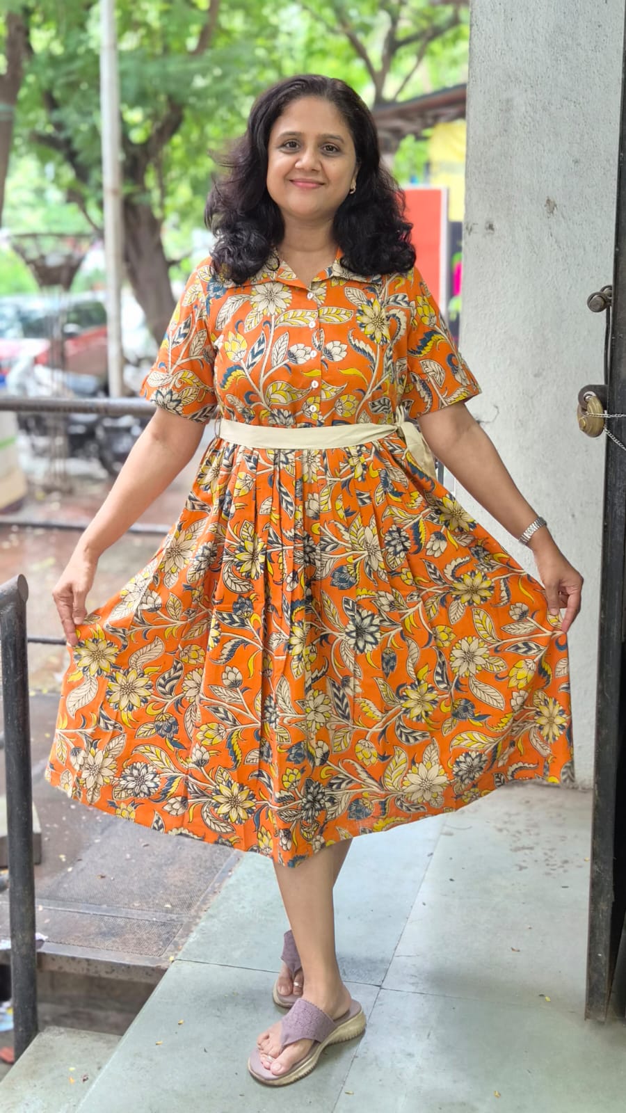 Orange Pure Cotton Kalamkari One Piece