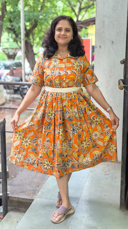 Orange Pure Cotton Kalamkari One Piece
