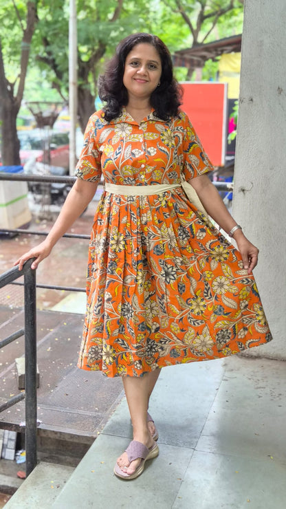Orange Pure Cotton Kalamkari One Piece