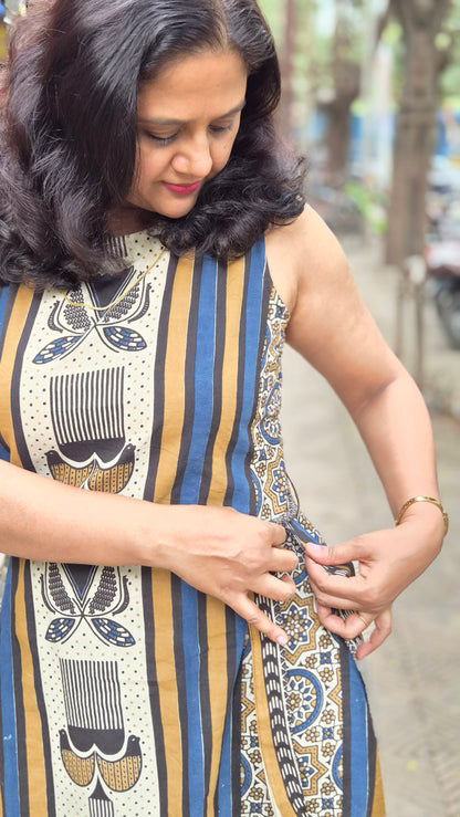 Off White Hand Block Printed Ajrakh One Piece