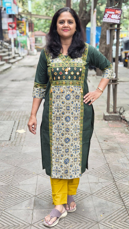 Bottle Green Pure Cotton Ajrakh Kurta