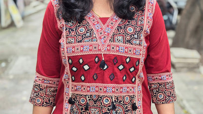 Maroon Pure Cotton Ajrakh Kurta