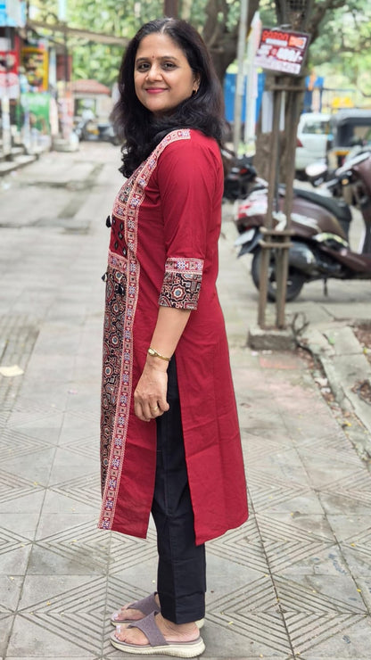 Maroon Pure Cotton Ajrakh Kurta
