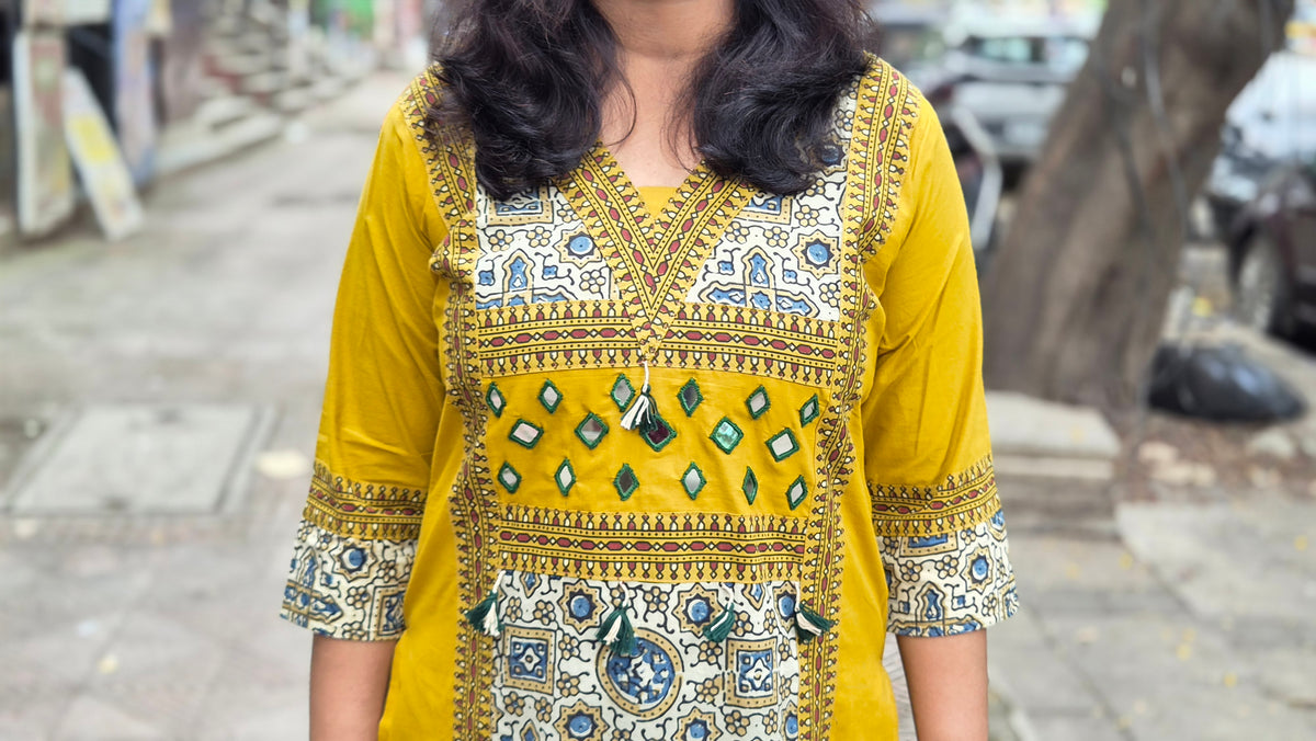 Mustard Yellow Pure Cotton Ajrakh Kurta