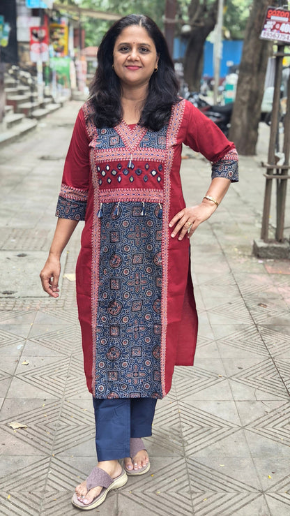 Maroon Pure Cotton Ajrakh Kurta