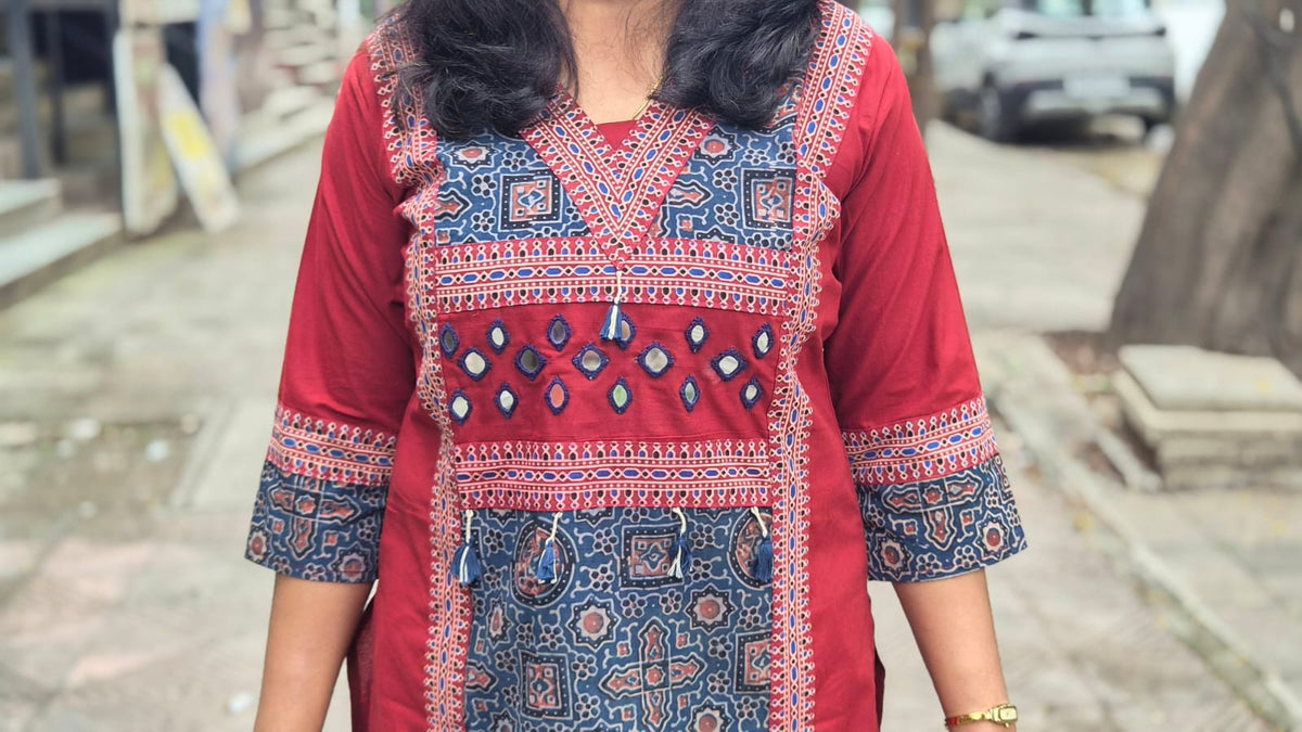 Maroon Pure Cotton Ajrakh Kurta