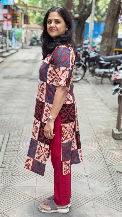 Maroon Handblock Ajrakh Cotton Kurta