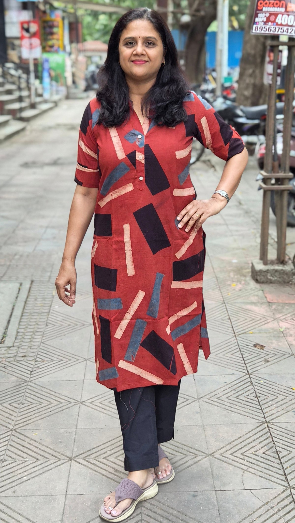 Maroon Handblock Ajrakh Cotton Kurta