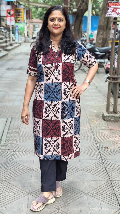 Maroon Handblock Ajrakh Cotton Kurta