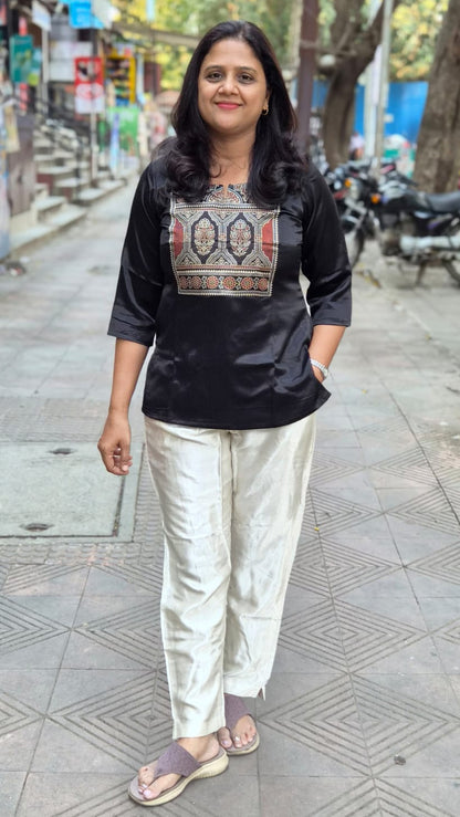 Black Mashru Silk Short Top