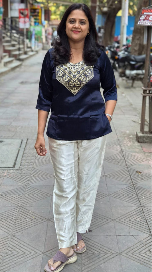 Navy Blue Mashru Silk Short Top