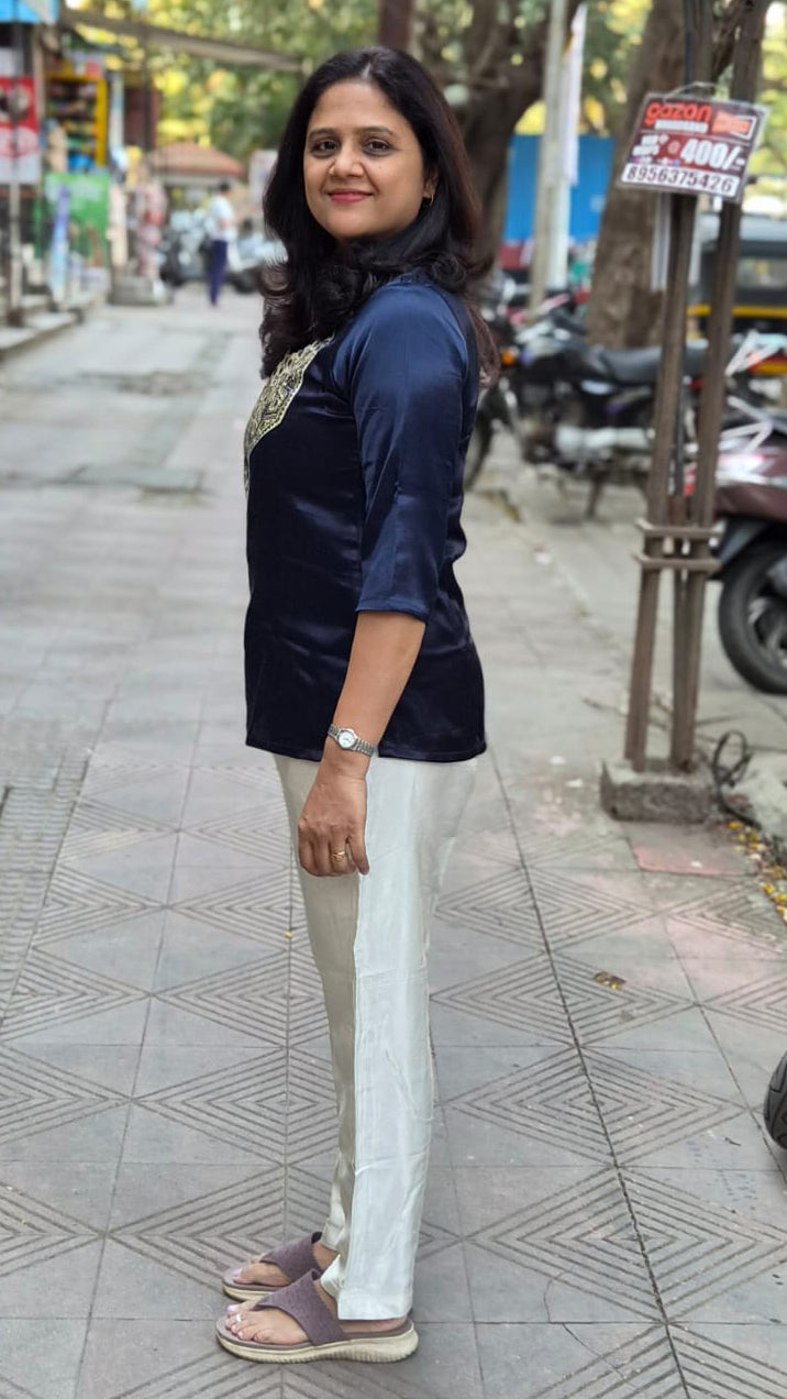 Navy Blue Mashru Silk Short Top