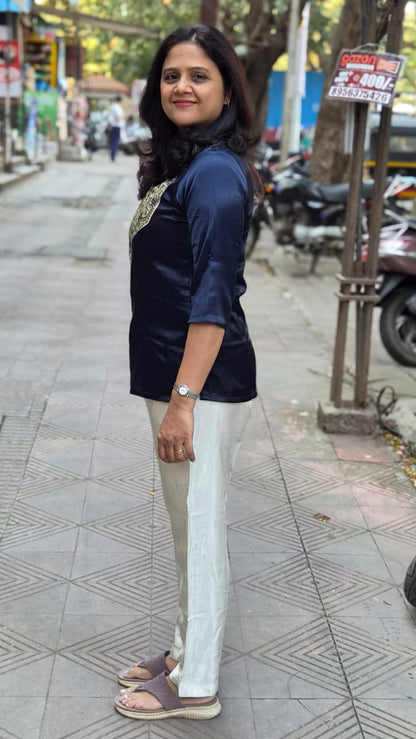 Navy Blue Mashru Silk Short Top