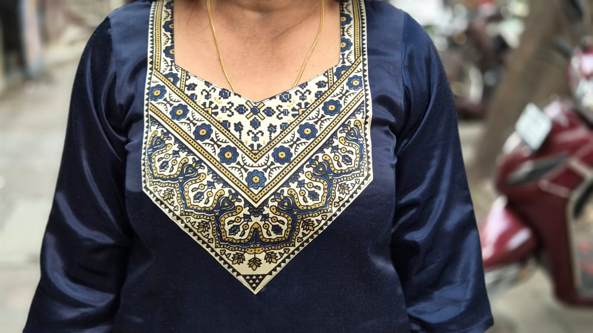 Navy Blue Mashru Silk Short Top