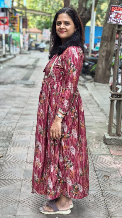 Maroon Muslin Festive Long One Piece