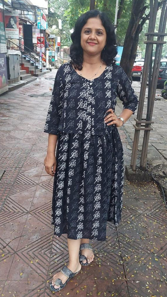 Black Handblock Printed spaghetti one piece with Jacket