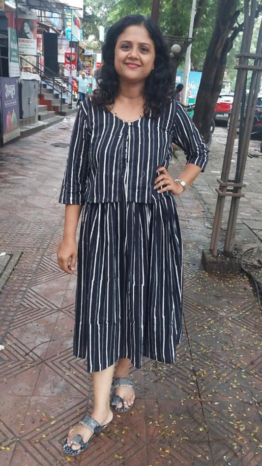 Black Handblock Printed spaghetti one piece with Jacket