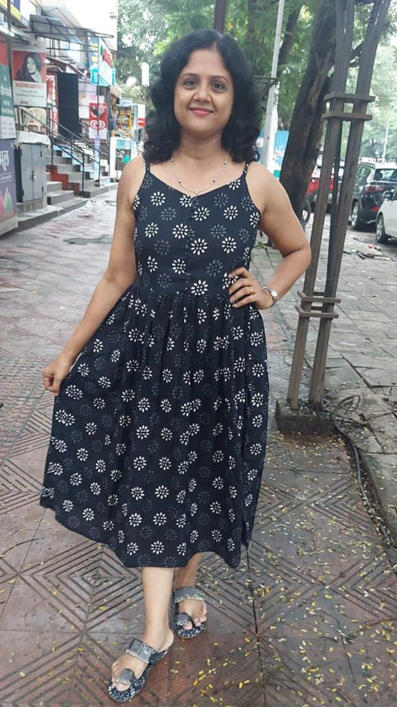 Black Handblock Printed spaghetti one piece with Jacket