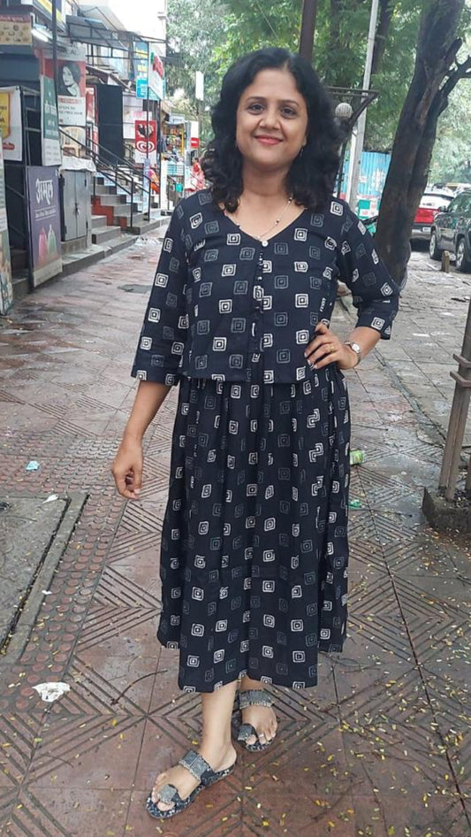 Black Handblock Printed spaghetti one piece with Jacket