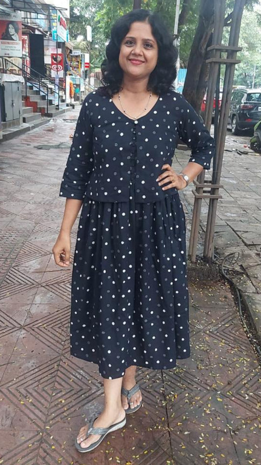 Black Handblock Printed spaghetti one piece with Jacket