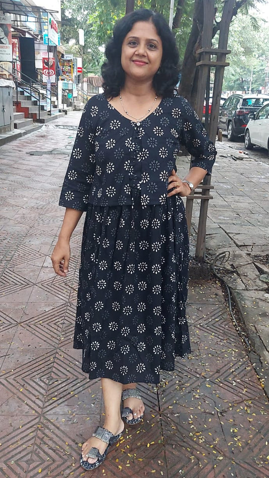Black Handblock Printed spaghetti one piece with Jacket
