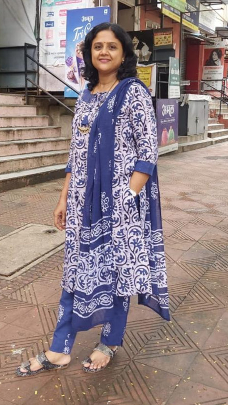 Blue Gray Pure Batik Cotton Full Suit With Dupatta