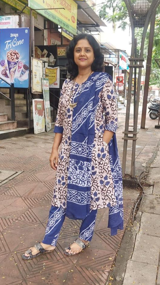 Navy  Blue Pure Batik Cotton Full Suit With Dupatta