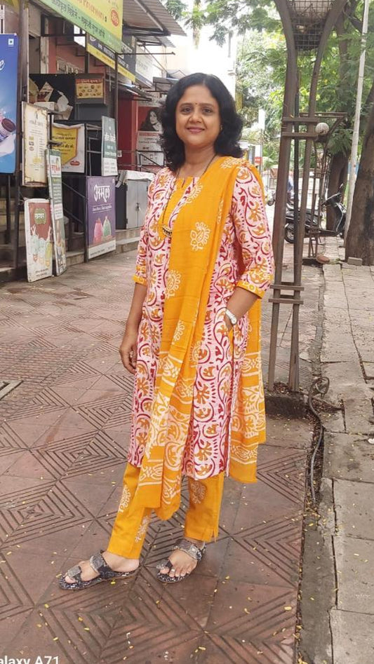 Mustard Yellow Pure Batik Cotton Full Suit With Dupatta
