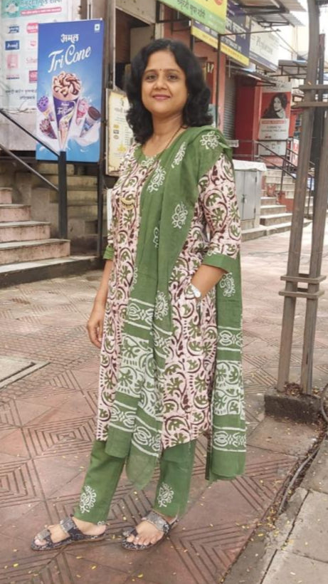 Mehendi Green Pure Batik Cotton Full Suit With Dupatta