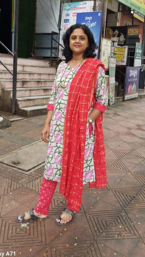 Mehendi Green Pure Batik Cotton Full Suit With Dupatta