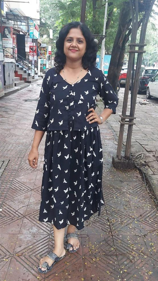 Black Handblock Printed spaghetti one piece with Jacket