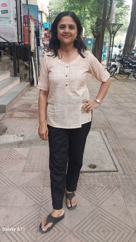 Light Orange Brush Ajrakh Short Top
