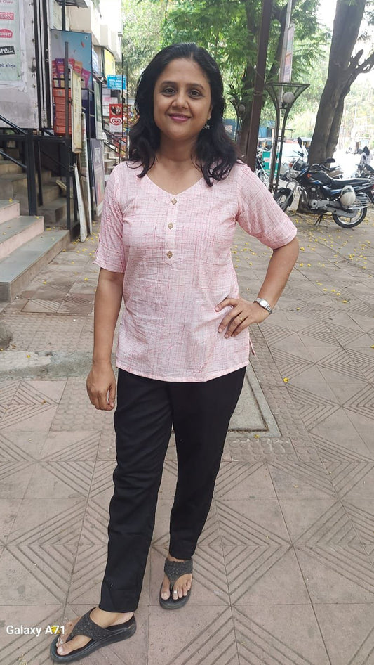 Baby Pink Brush Ajrakh Short Top