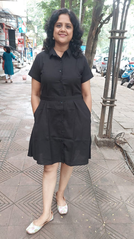 Black  Flex Cotton  Front Open One Piece