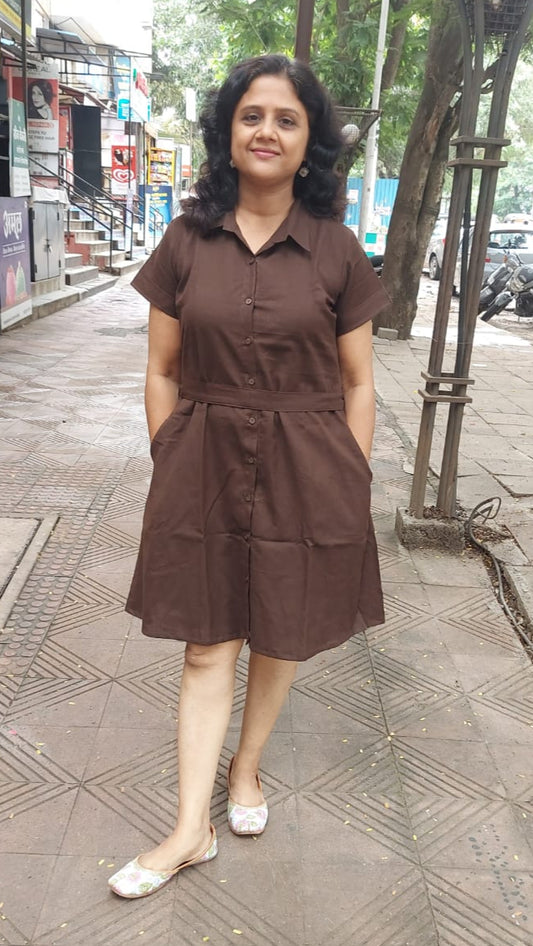 Brown  Flex Cotton front open One Piece