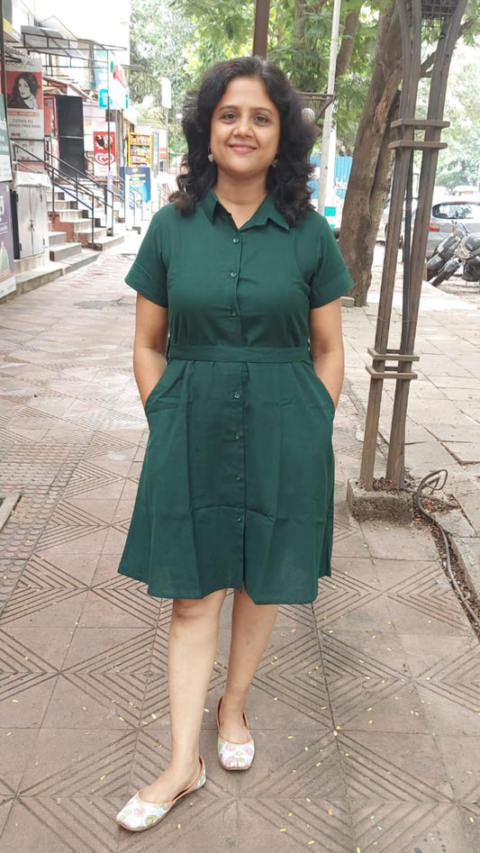 Bottle Green Flex Cotton Front Open One Piece