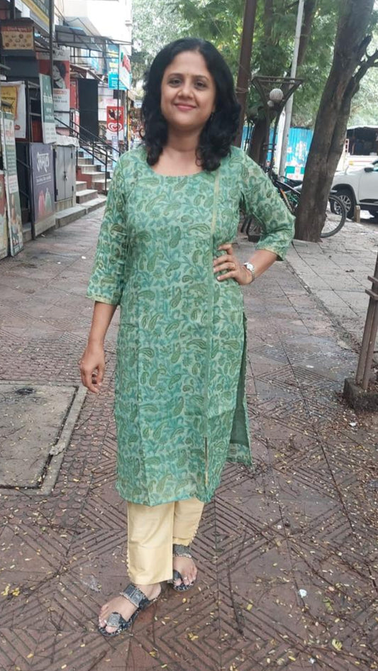 Green Chanderi Cotton Vanapsati Ajrakh Kurta