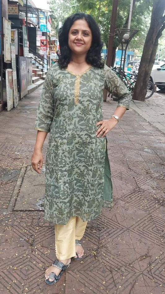 Green Gray Chanderi Cotton Vanapsati Ajrakh Kurta