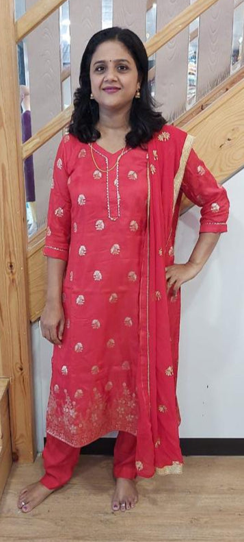 Red Cotton Silk Full Suit With Dupatta