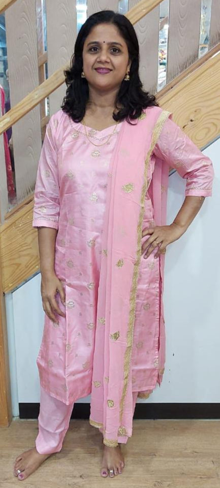 Baby Pink Chanderi Cotton Full Suit With Dupatta