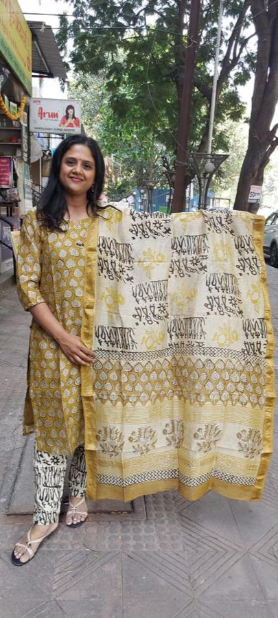 Mustard Yellow Block Printed Maheshwari Full Suit with Dupatta