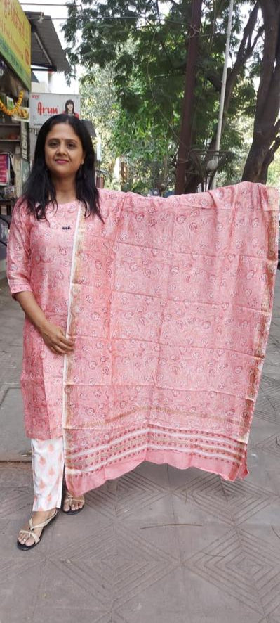 Pink Block Printed Maheshwari Full Suit with Dupatta