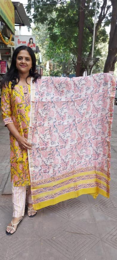 Yellow Block Printed Maheshwari Full Suit with Dupatta