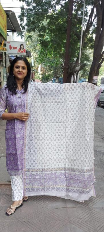 Lavender Block Printed Chanderi Cotton Full Suit with Dupatta